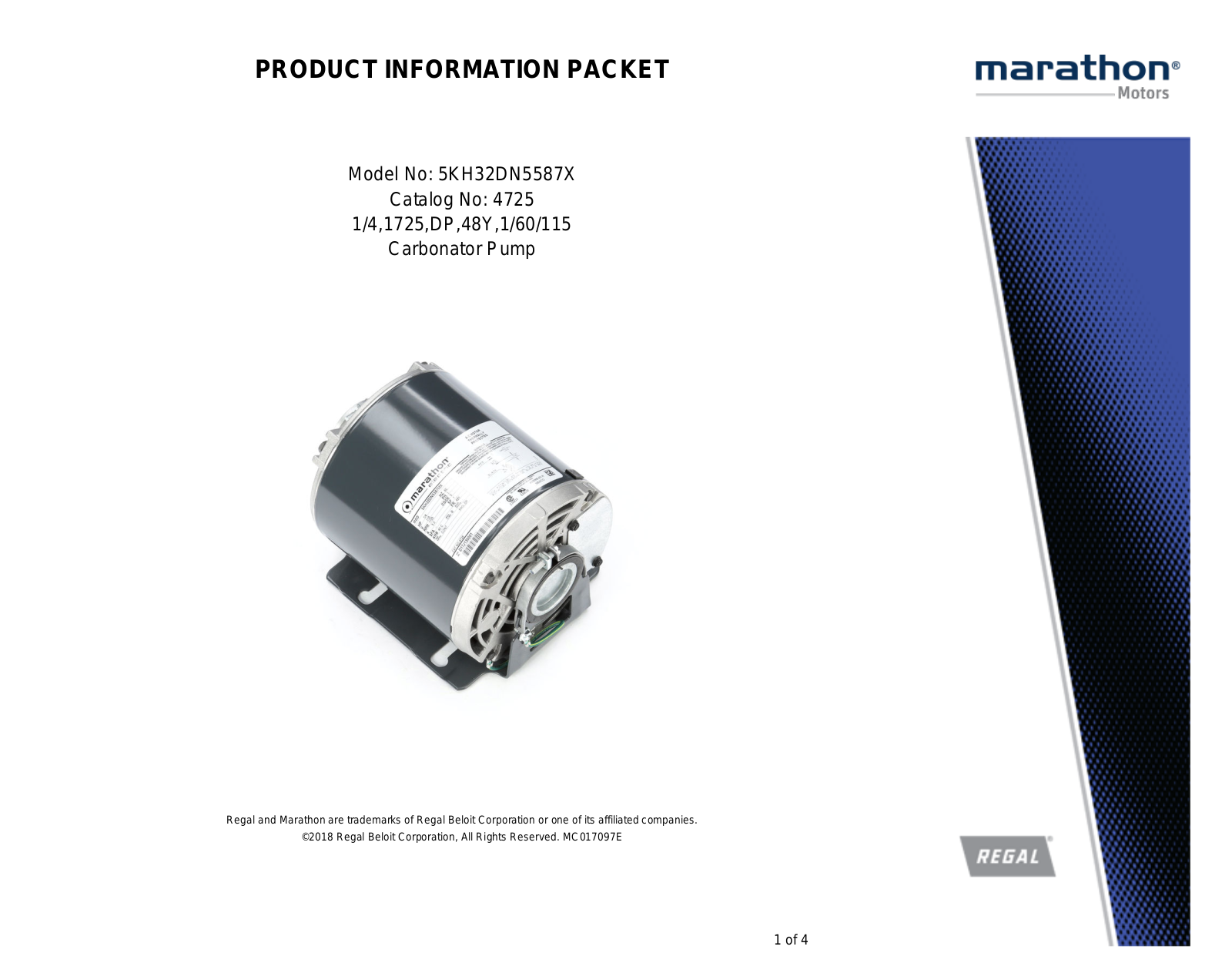 Marathon Electric 5KH32DN5587X Product Information Packet