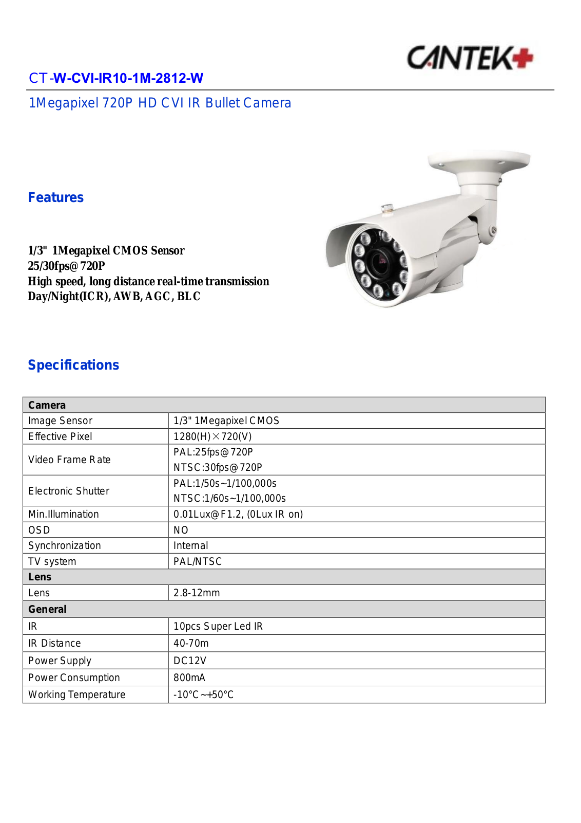 Cantek CT-W-CVI-IR10-1M-2812-W Specsheet