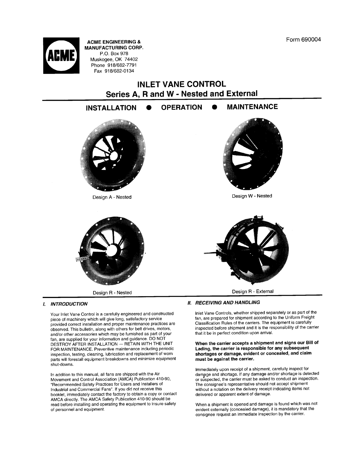 Acme Engineering W Operation Manual