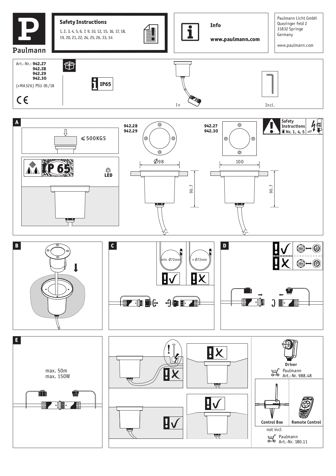 Paulmann 94227, 94228, 94229, 94230 Safety instructions