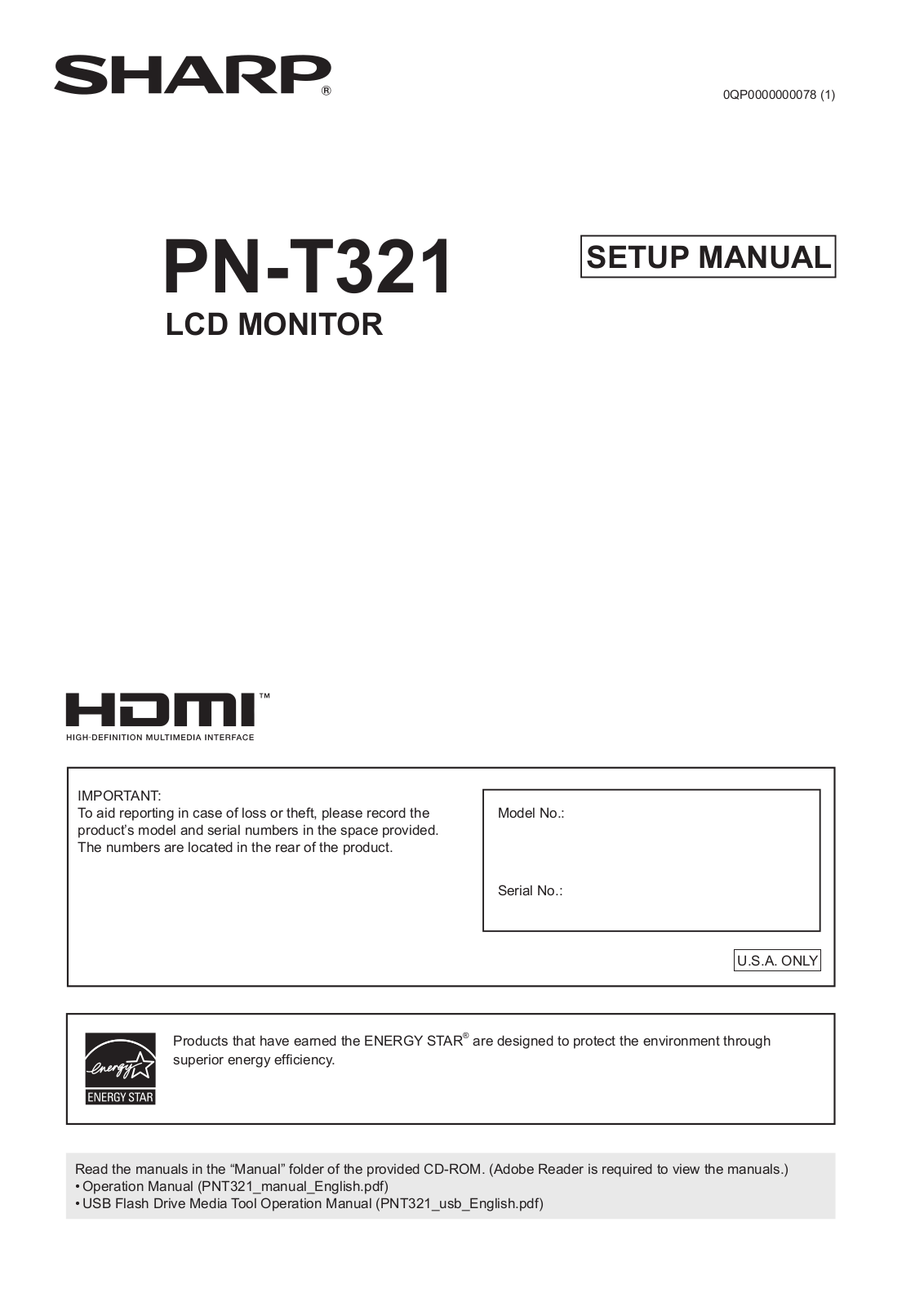 Sharp PN-T321 Quick Start Manual