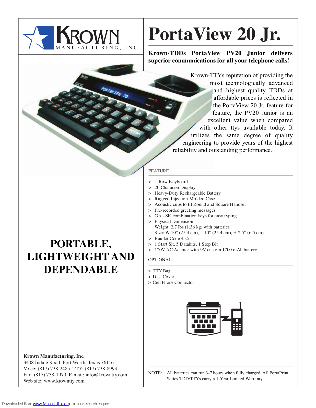 Krown PV20, PortaView 20 Jr. User Manual