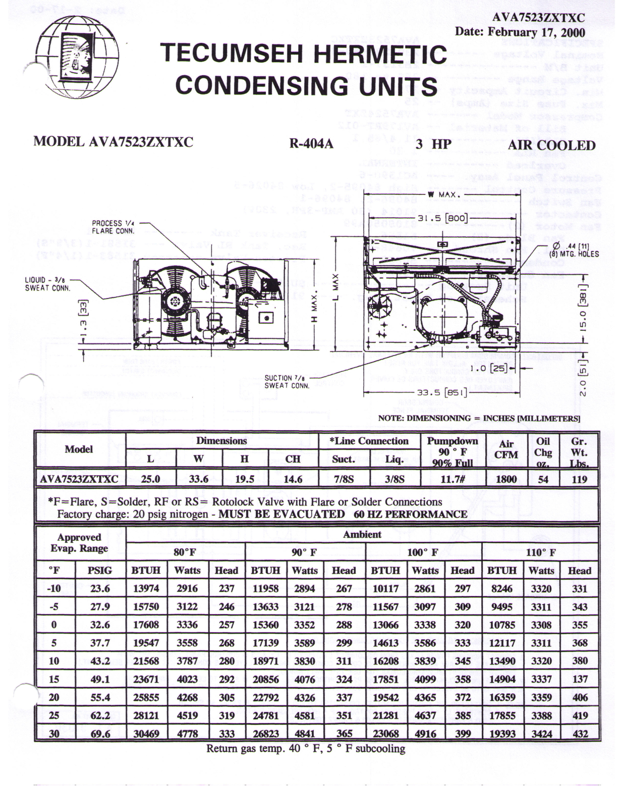 Tecumseh AVA7523ZXTXC Performance Data Sheet