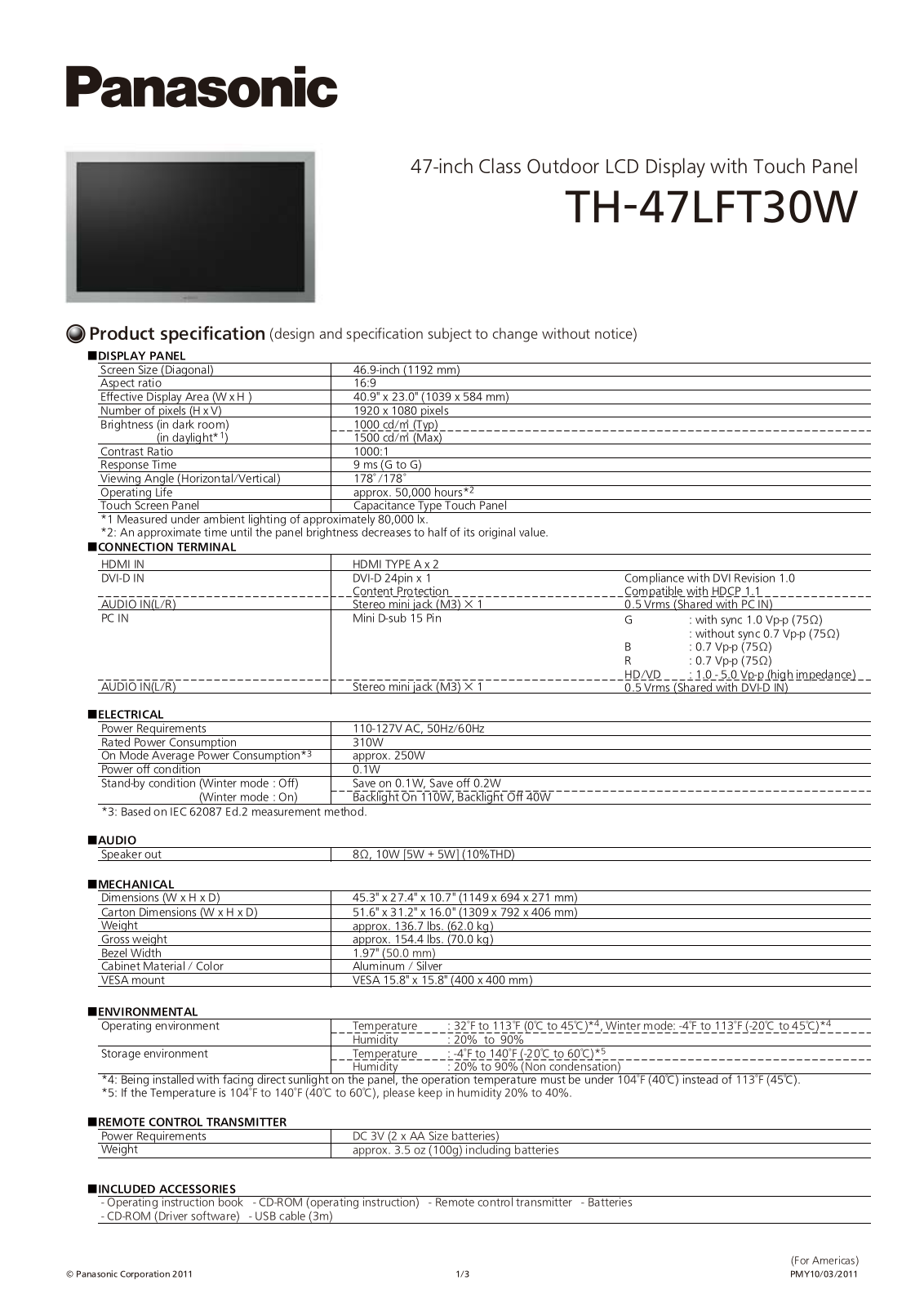 Panasonic TH-47LFT30W Specification