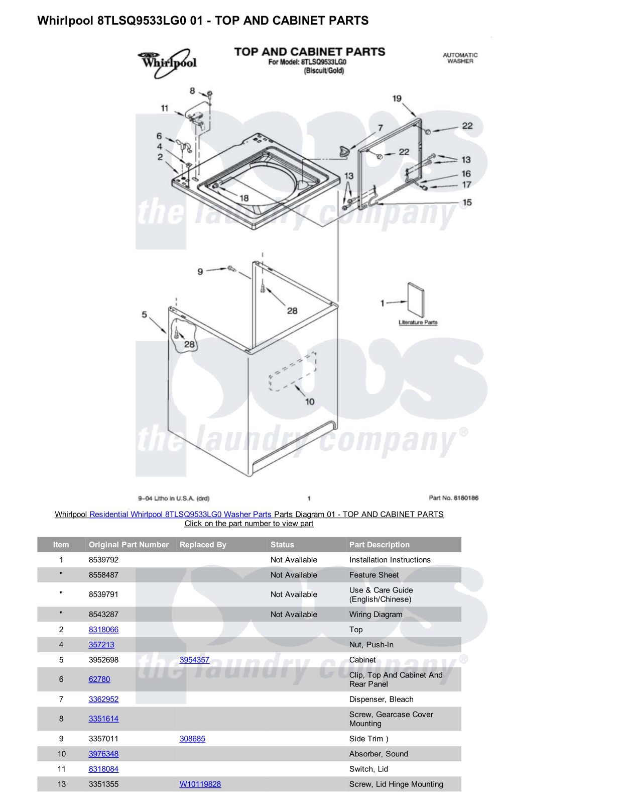 Whirlpool 8TLSQ9533LG0 Parts Diagram