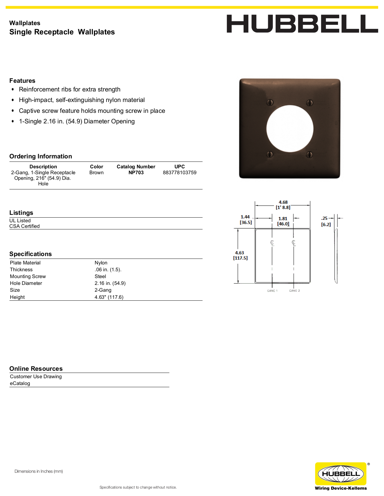 Hubbell NP703 Specifications