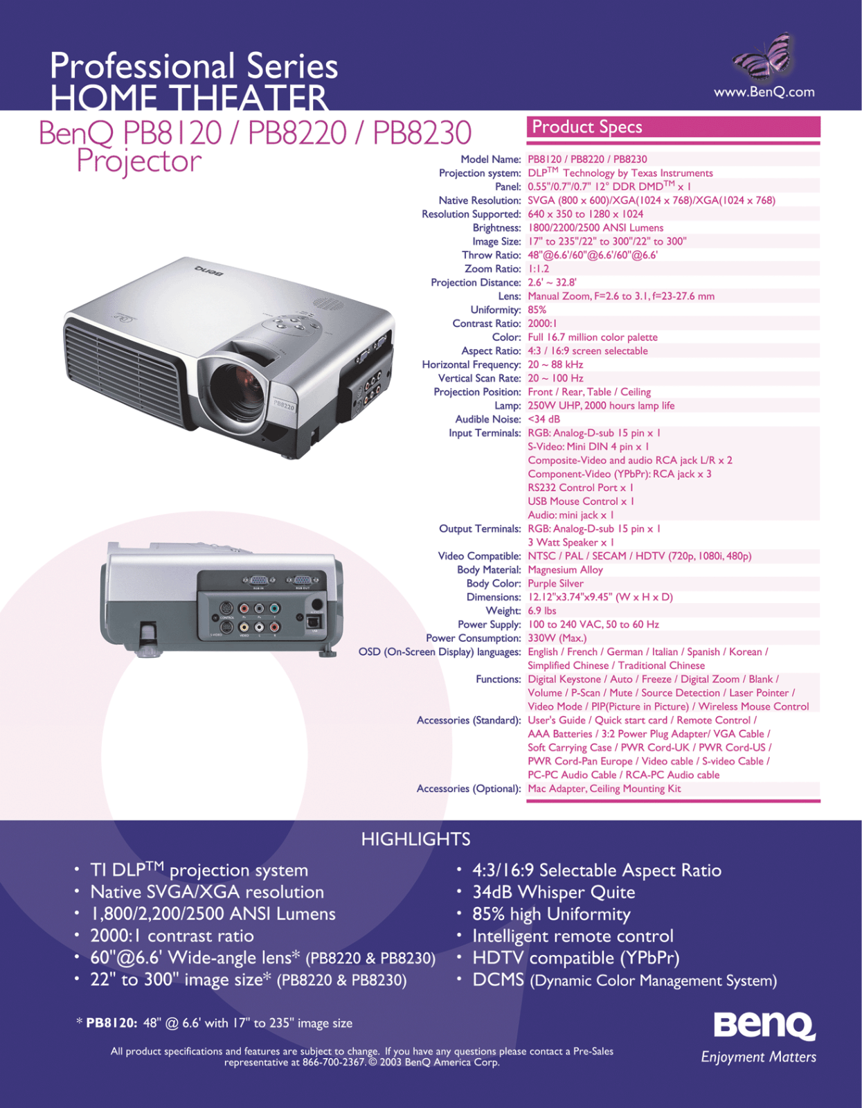 BenQ PB8220, PB8230 Product Sheet