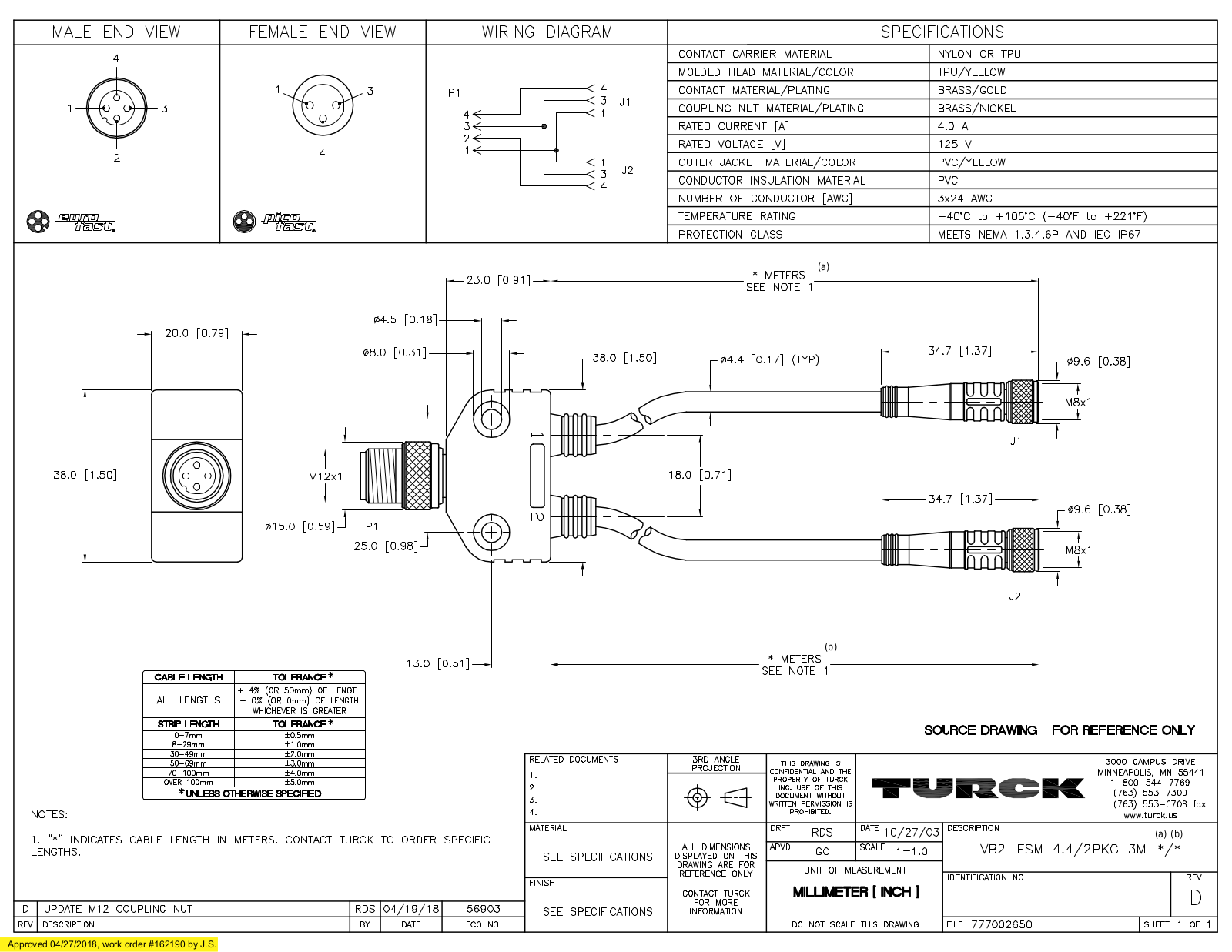 Turck VB2-FSM4.4/2PKG3M-0.3/0.3 Specification Sheet