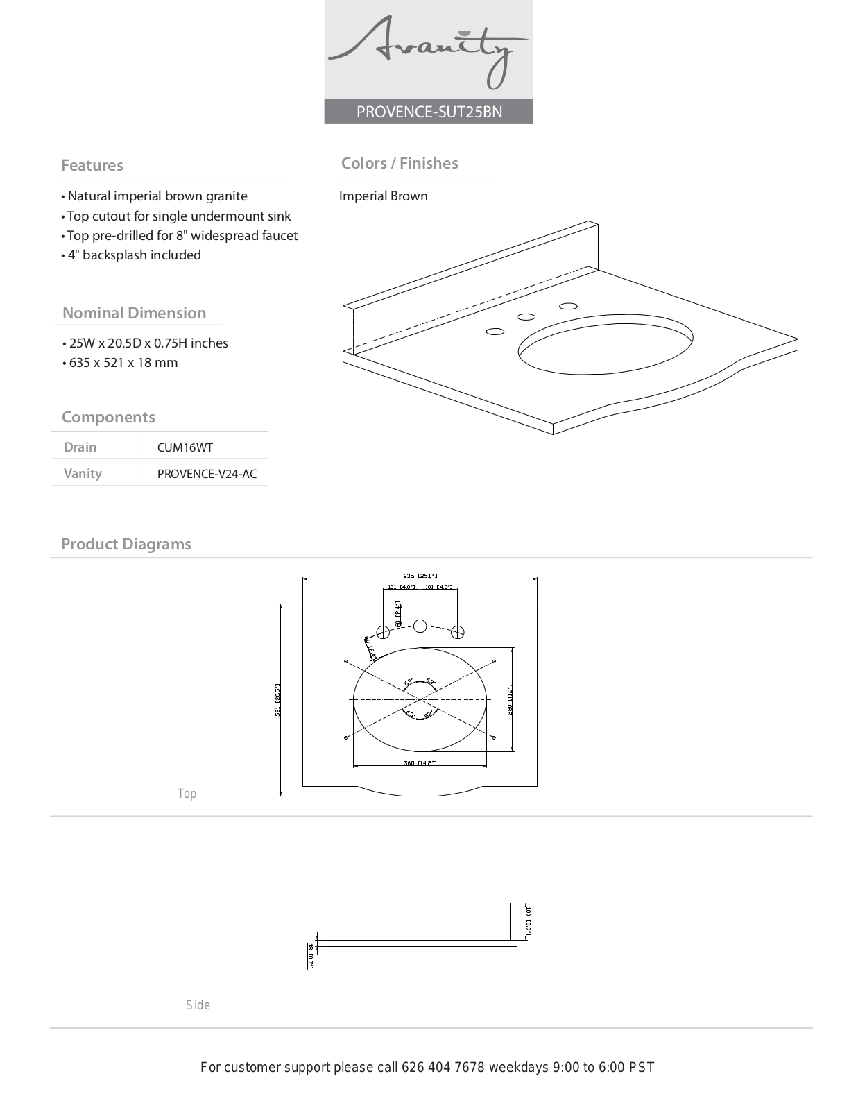 Avanity PROVENCESUT25BN Specifications