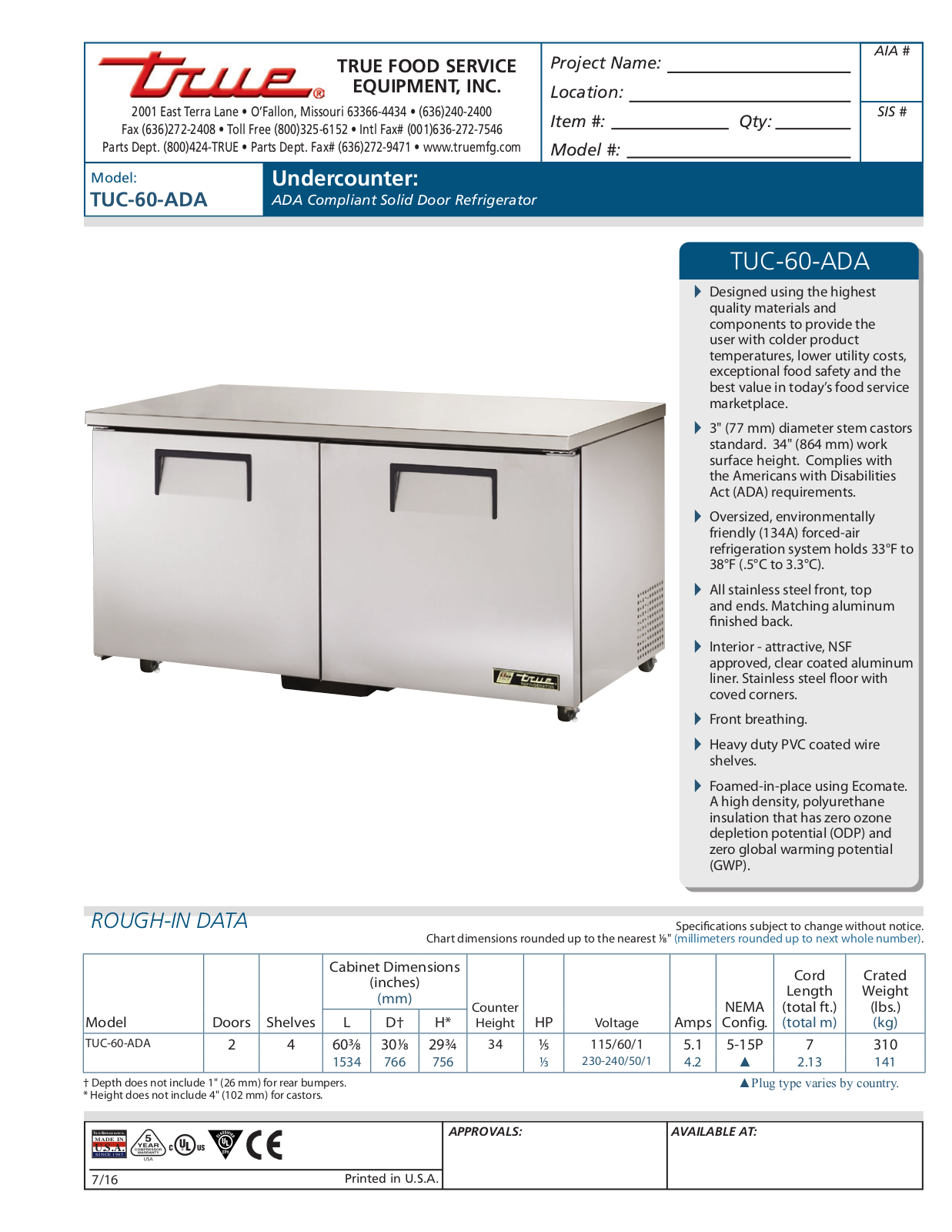 True TUC-60-ADA User Manual