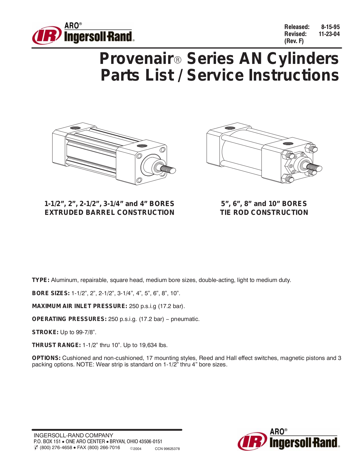 Ingersoll-Rand ProvenairR Series AN Cylinders User Manual