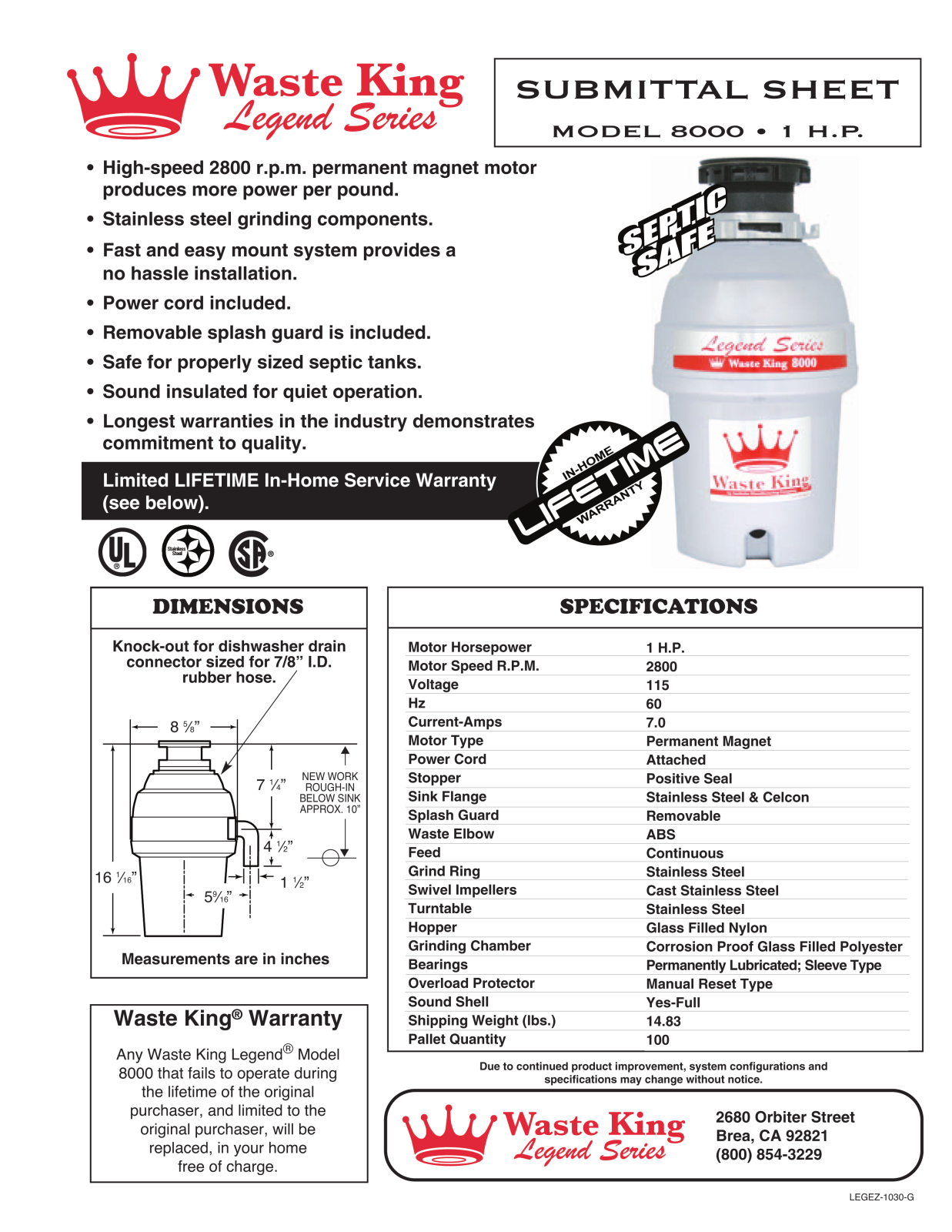 Waste King L8000 Specifications