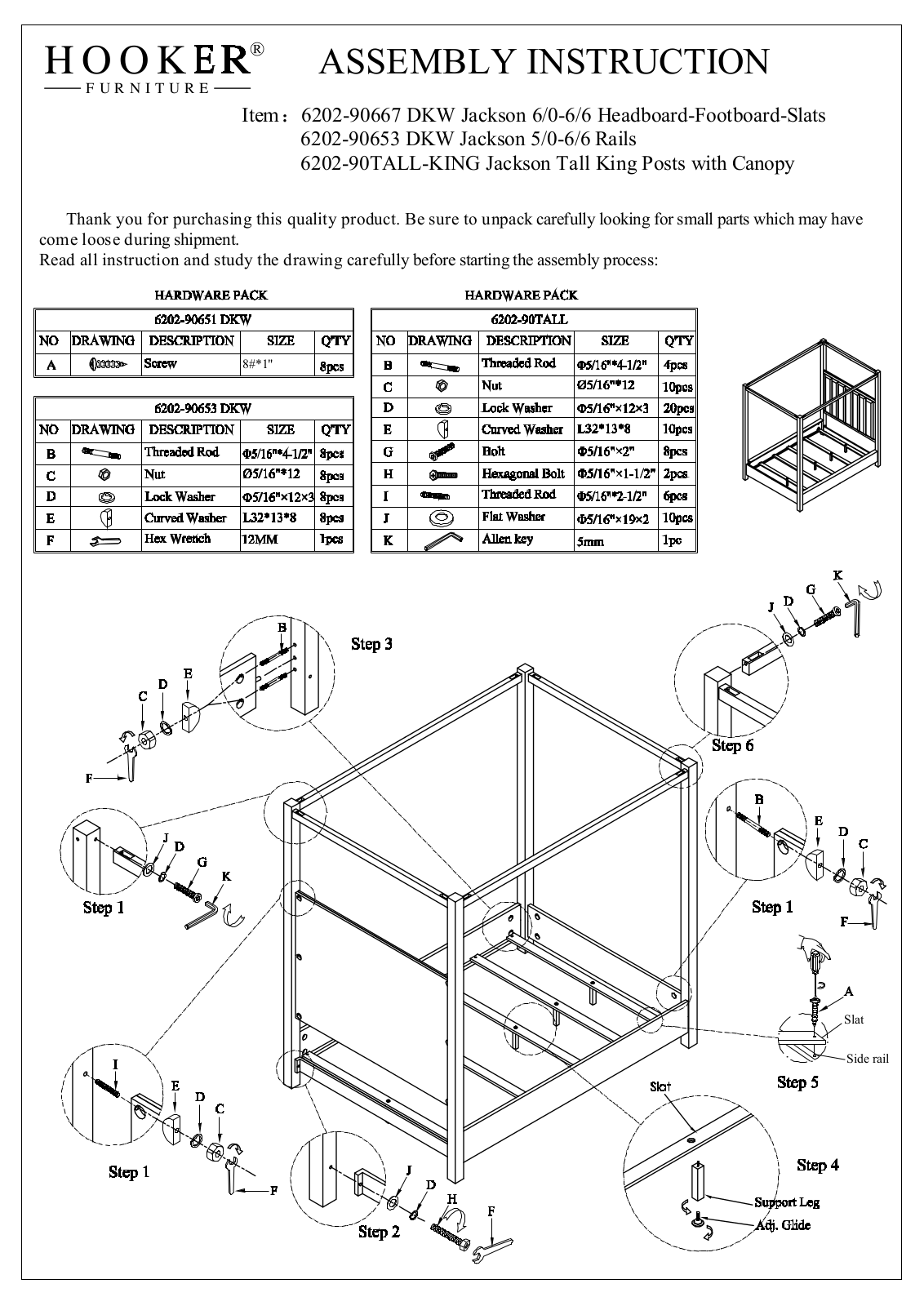 Hooker 6202-90TALL-KING, 6202-90666-TALL Assembly Instructions - ManualMachine.com