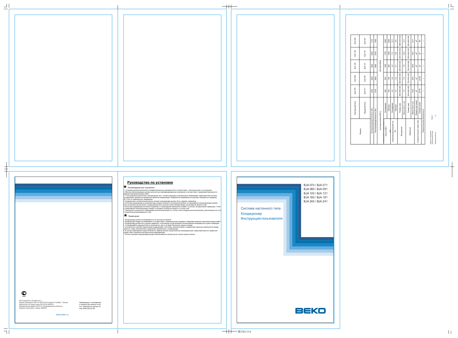 Beko BJA 091, BJA 071, BJA 090, BJA 240, BJA 181 User Manual