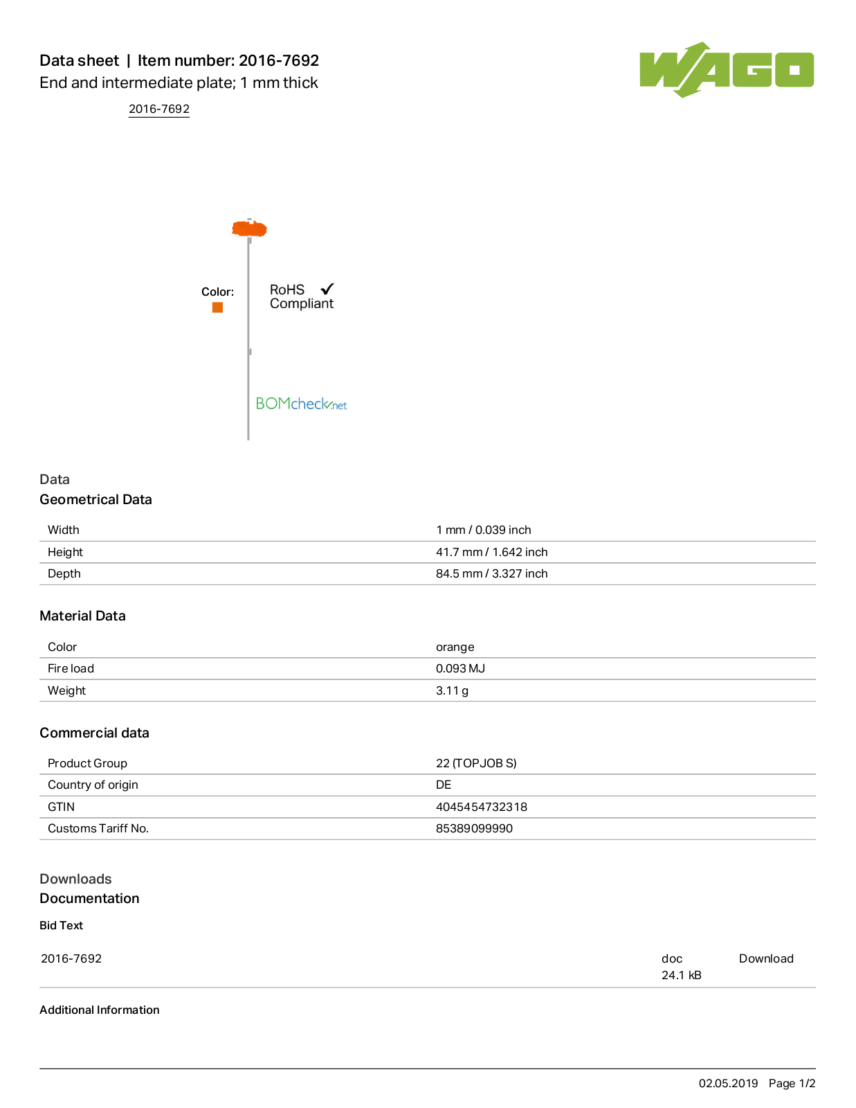 Wago 2016-7692 Data Sheet