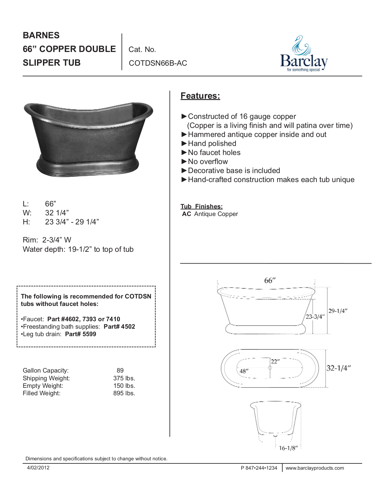 Barclay COTDSN66BAC Specifications - ManualMachine.com