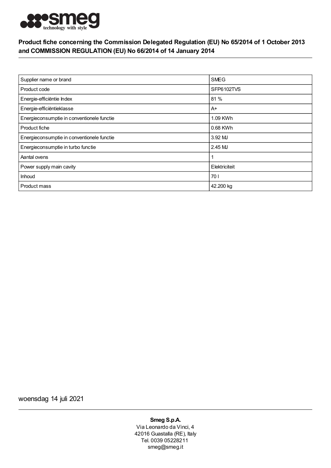 Smeg SFP6102TVS Product Information Sheet