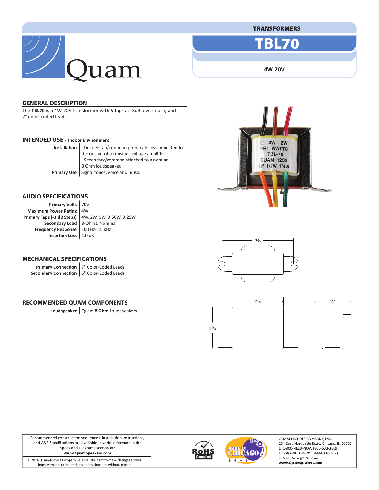 Quam TBL70B Specifications