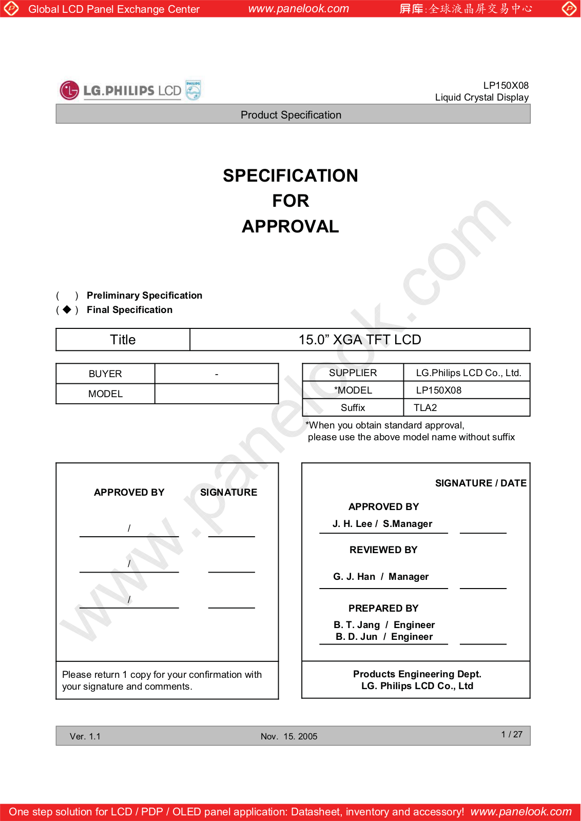 LG.Philips LCD LP150X08-TLA2 Specification