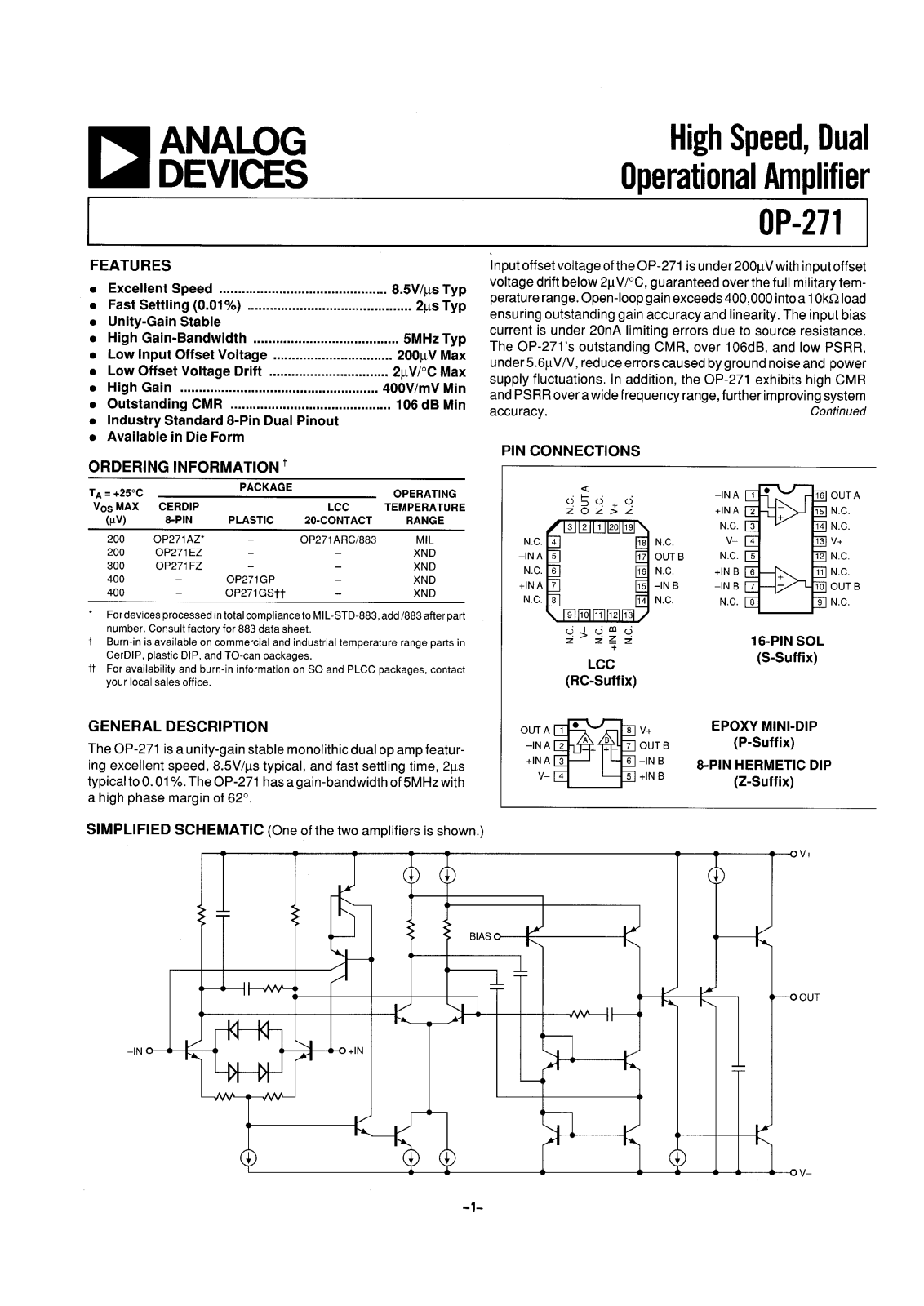 Analog Devices OP271ARC-883, OP271AZ, OP271GP, OP271GS, OP271FZ Datasheet