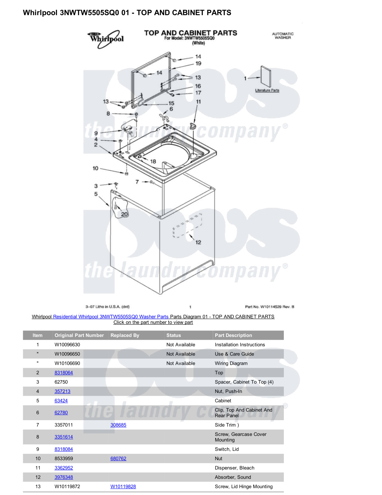 Whirlpool 3NWTW5505SQ0 Parts Diagram