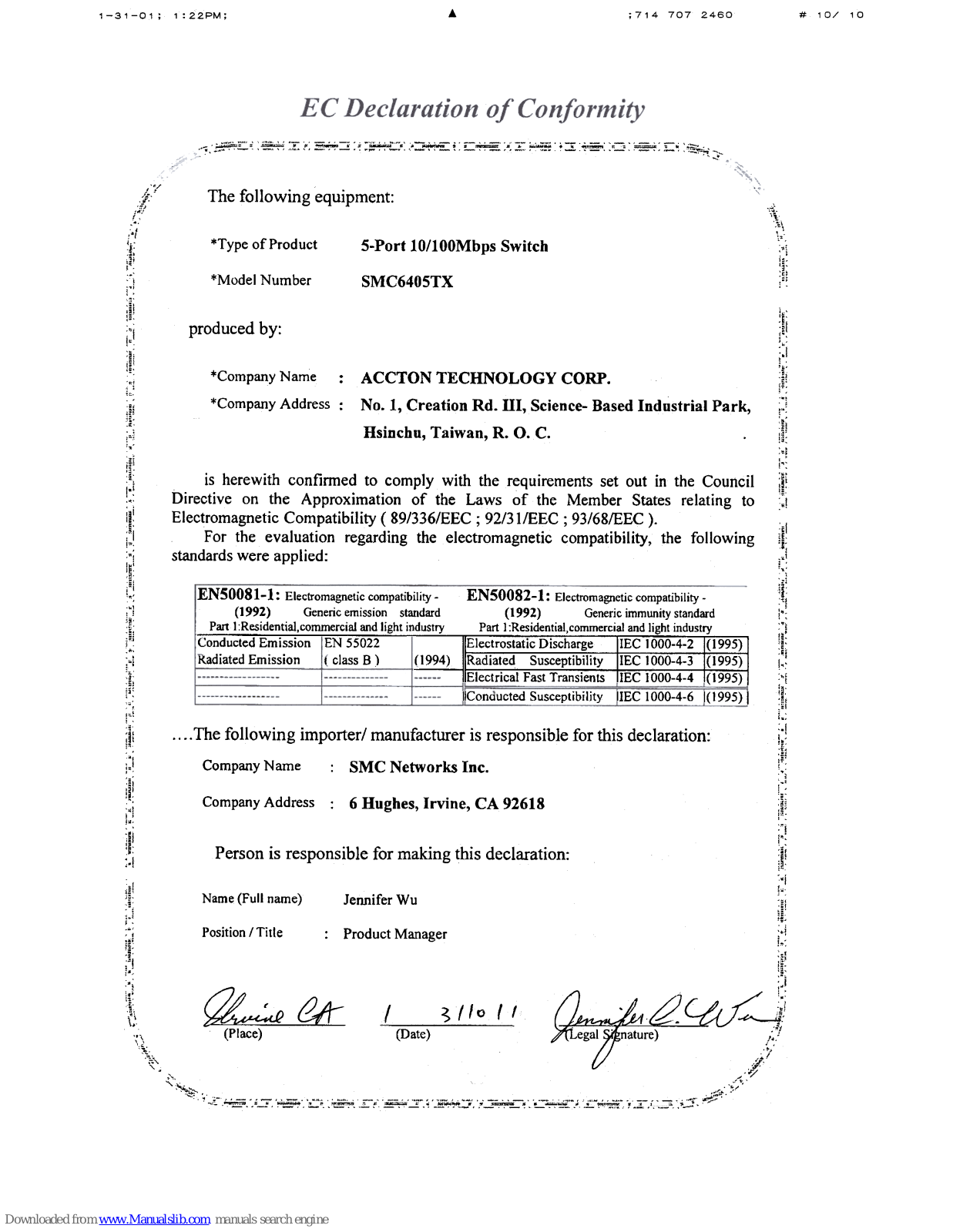 SMC Networks 6405TX - FICHE TECHNIQUE, 6405TX 1 - FICHE TECHNIQUE, SMC6405TX User Manual