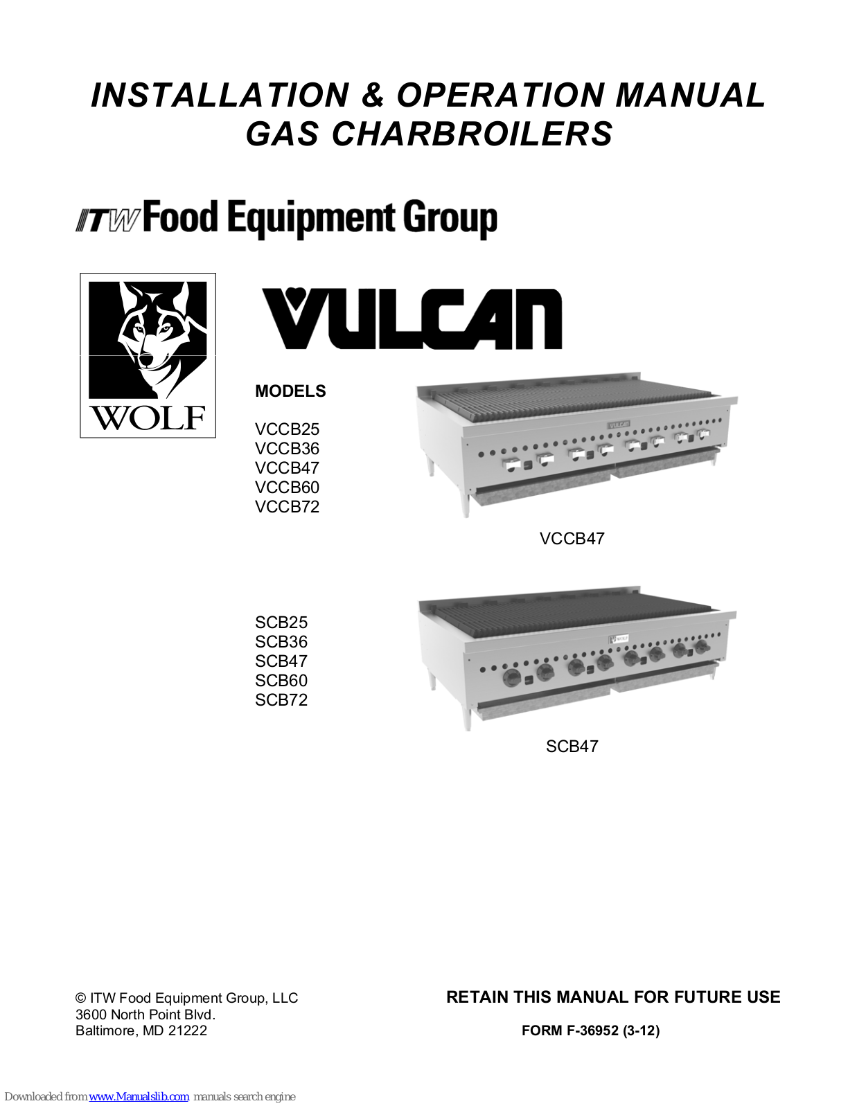 Wolf Vulcan VCCB36, Vulcan VCCB72, Vulcan VCCB47, Vulcan VCCB60, Vulcan SCB25 Installation & Operation Manual