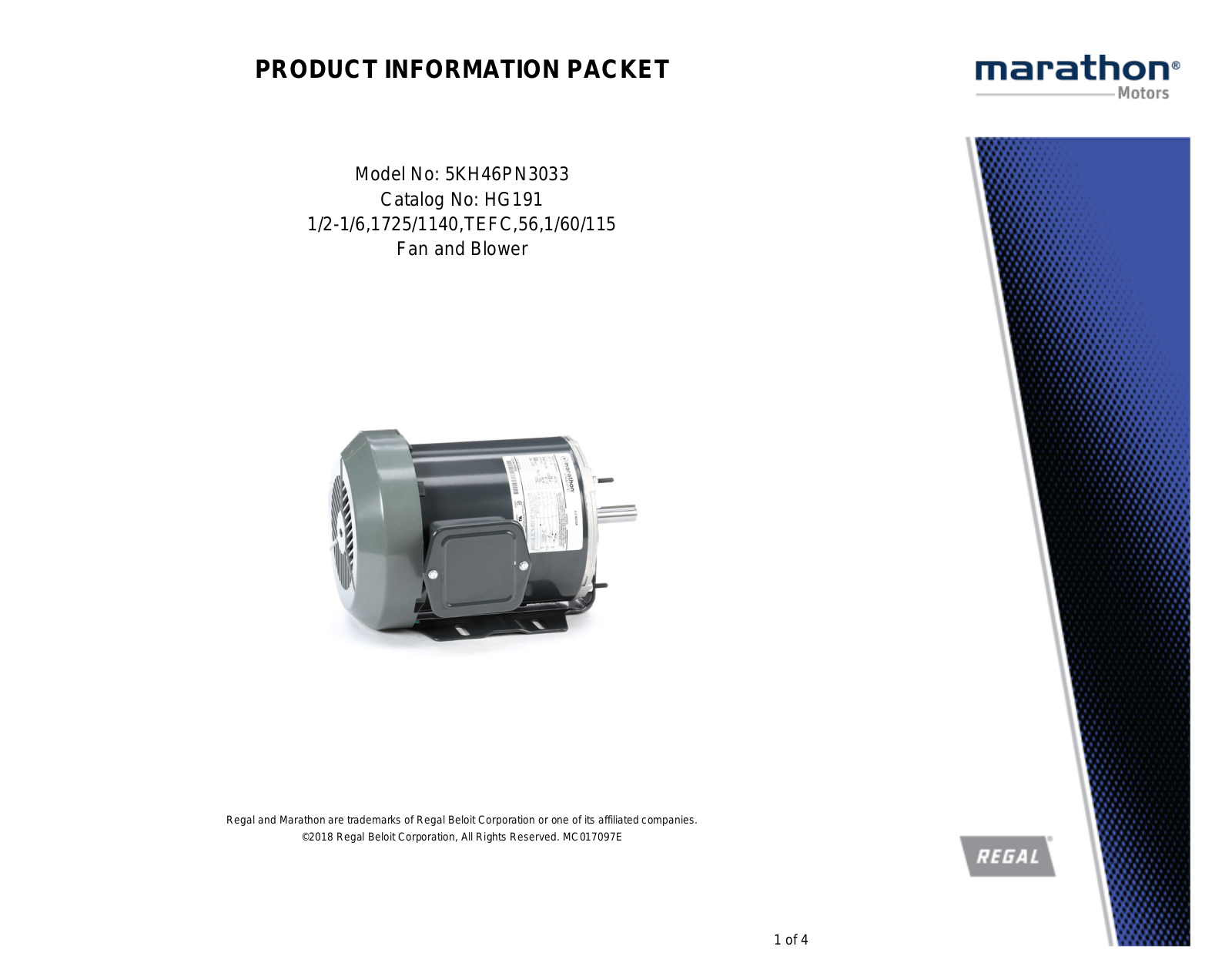 Marathon Electric 5KH46PN3033 Product Information Packet