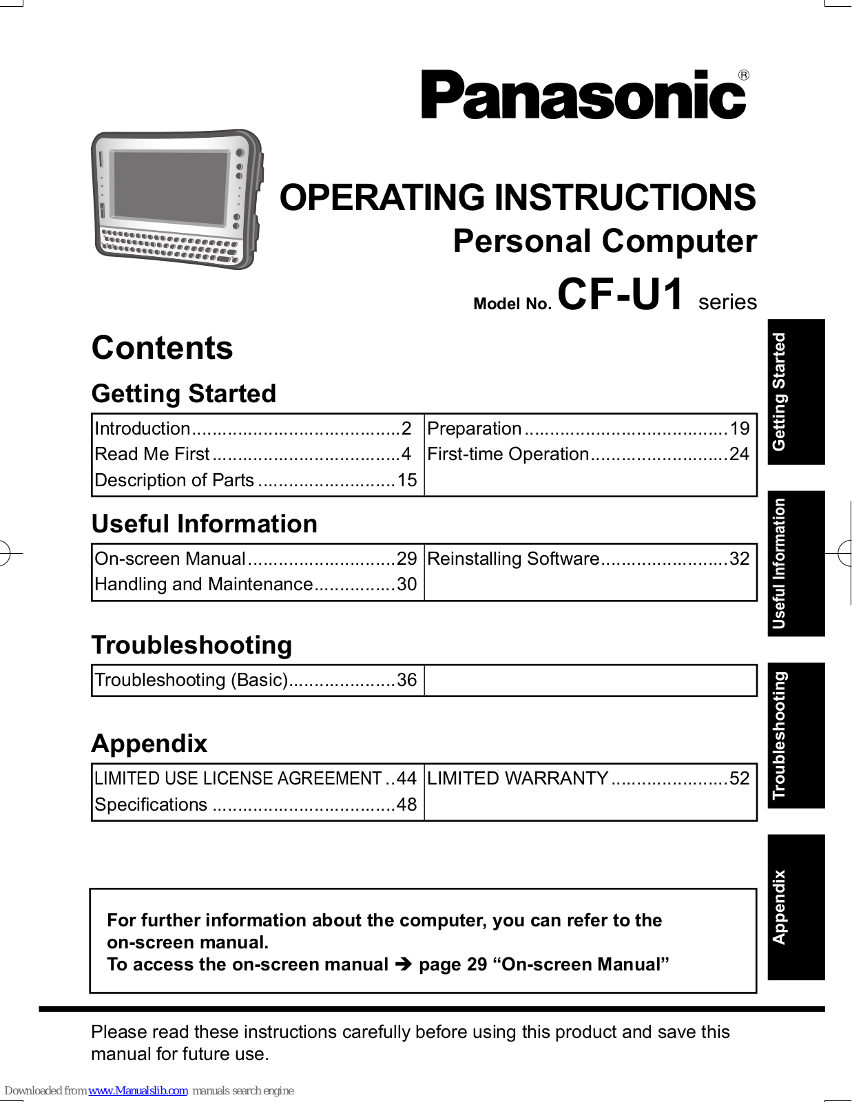 Panasonic CF-U1AQE2Z2M, CF-U1AQEQG2M, CF-U1AQE6L2M, CF-U1AQEDG2M, CF-U1AQEXG2M Operating Instructions Manual