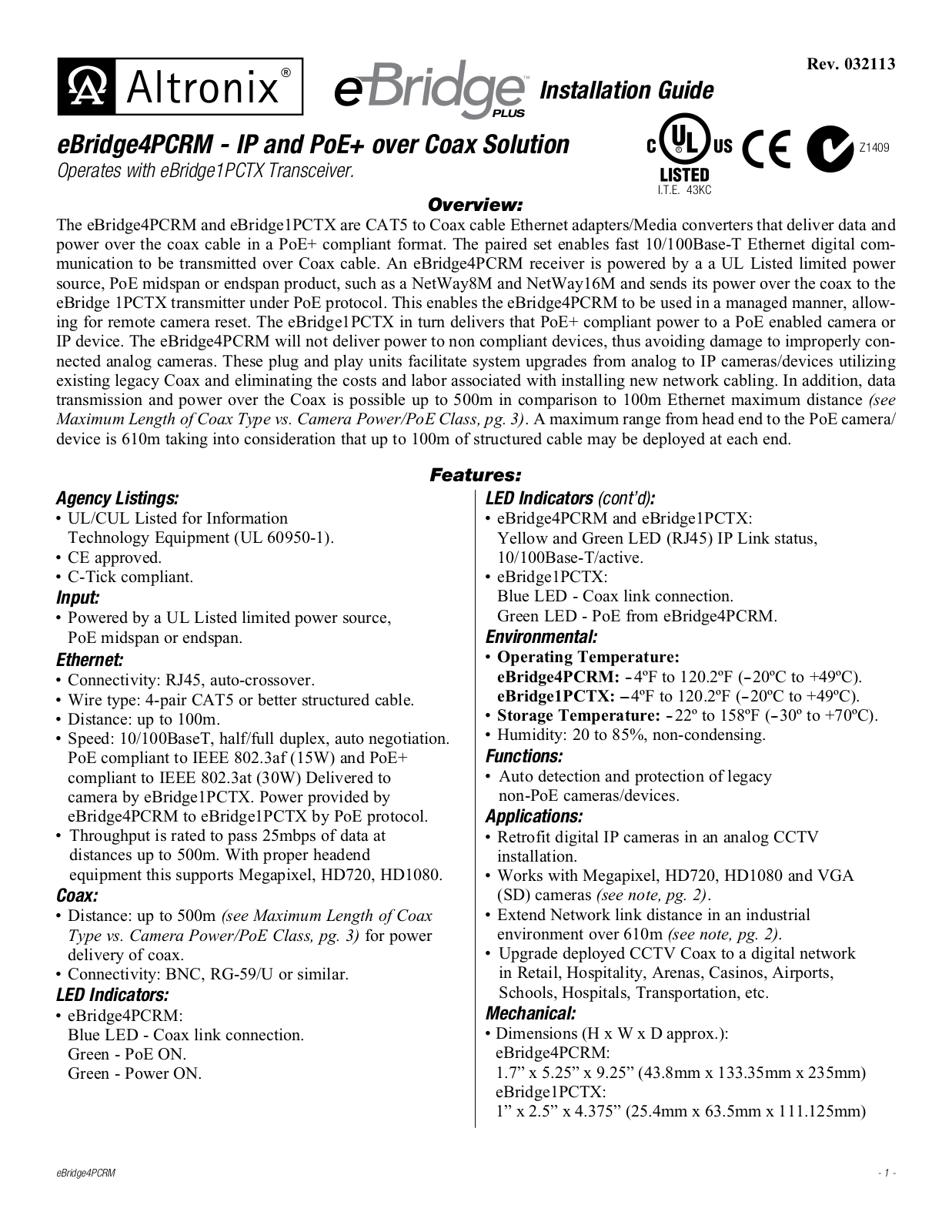 Altronix EBRIDGE4PCRM User Manual