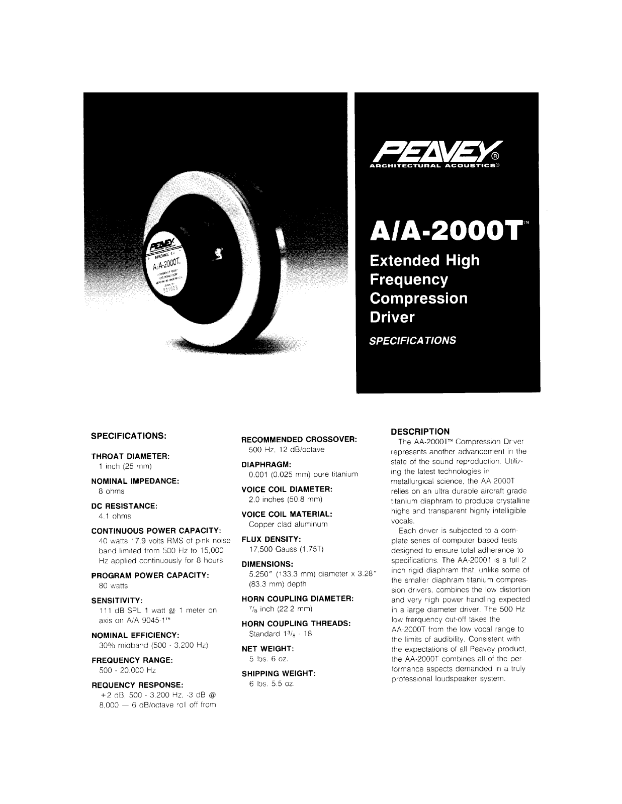 Peavey A-A-2000T DATASHEET