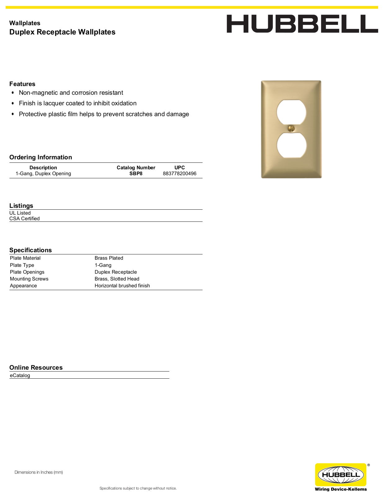 Hubbell SBP8 Specifications