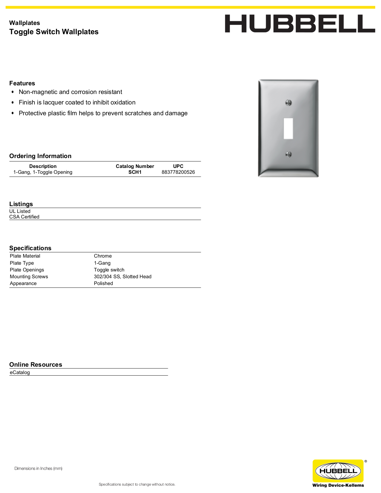 Hubbell SCH1 Specifications