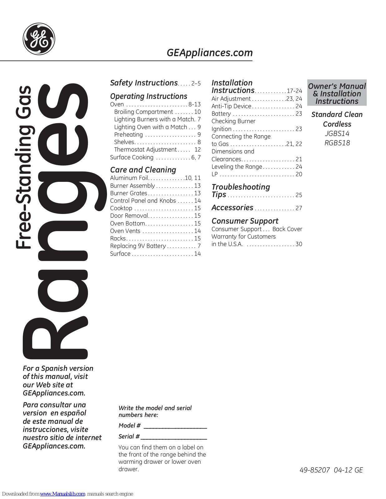 GE RGB518, JGBS14 Owner's Manual & Installation Instructions