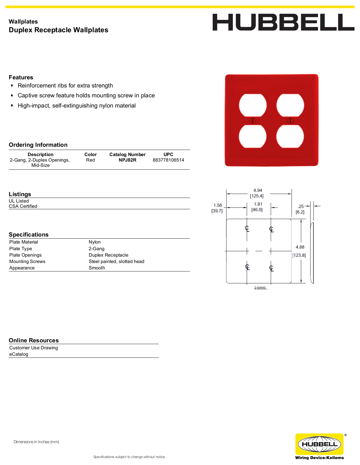 Hubbell NPJ82R Specifications