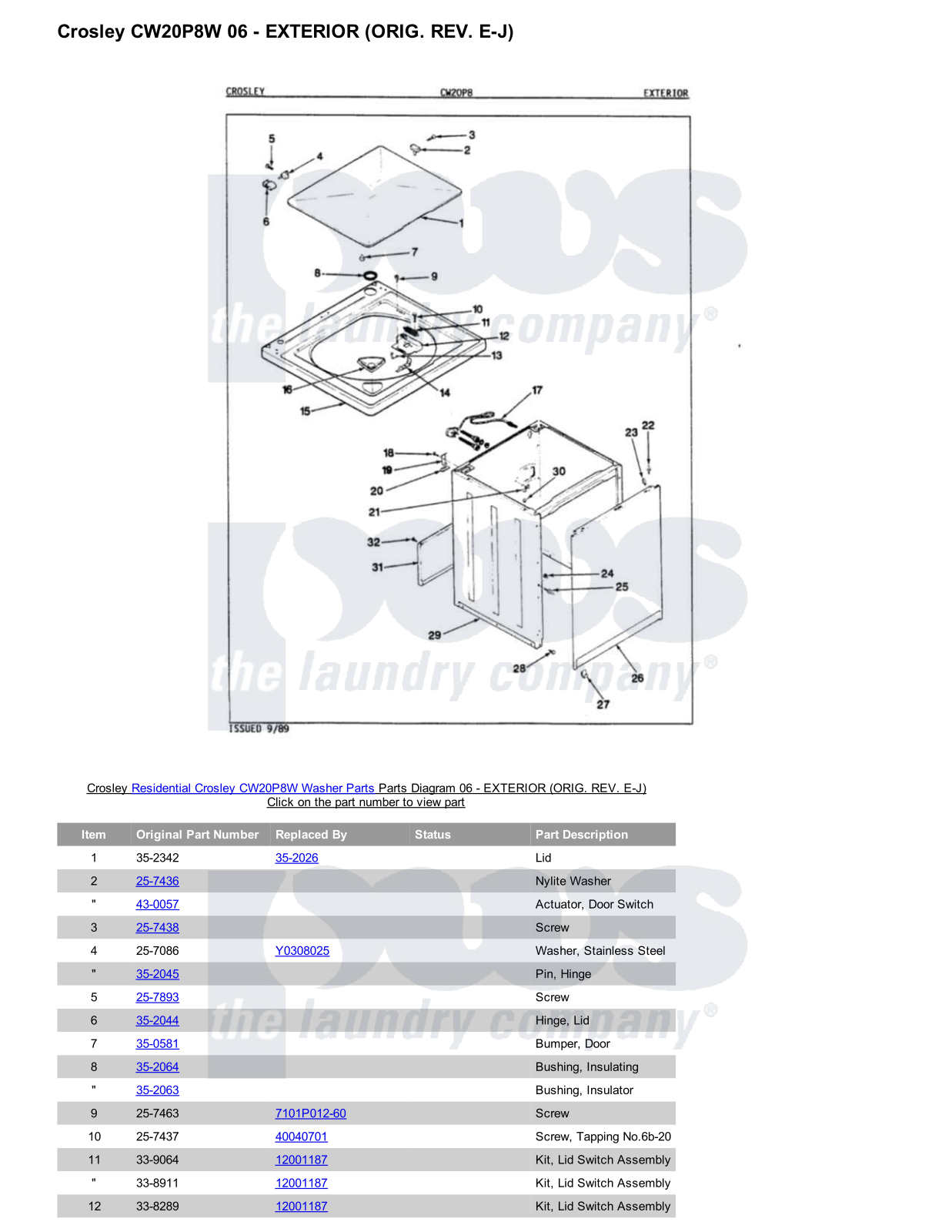 Crosley CW20P8W Parts Diagram