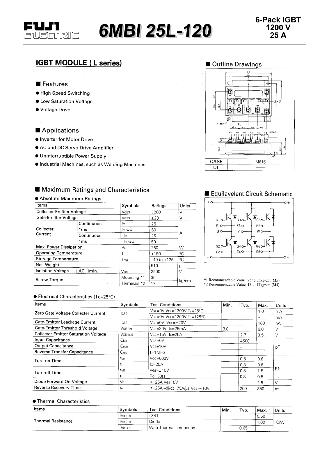 Fuji Electric 6MBI25L-120 Data Sheet