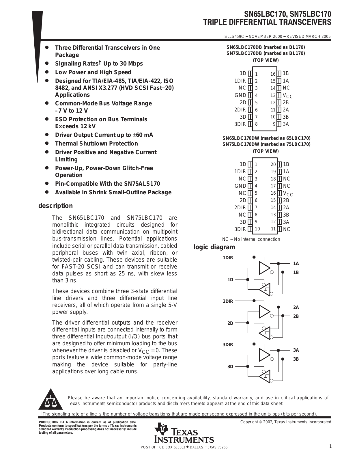 TEXAS INSTRUMENTS SN65LBC170, SN75LBC170 Technical data