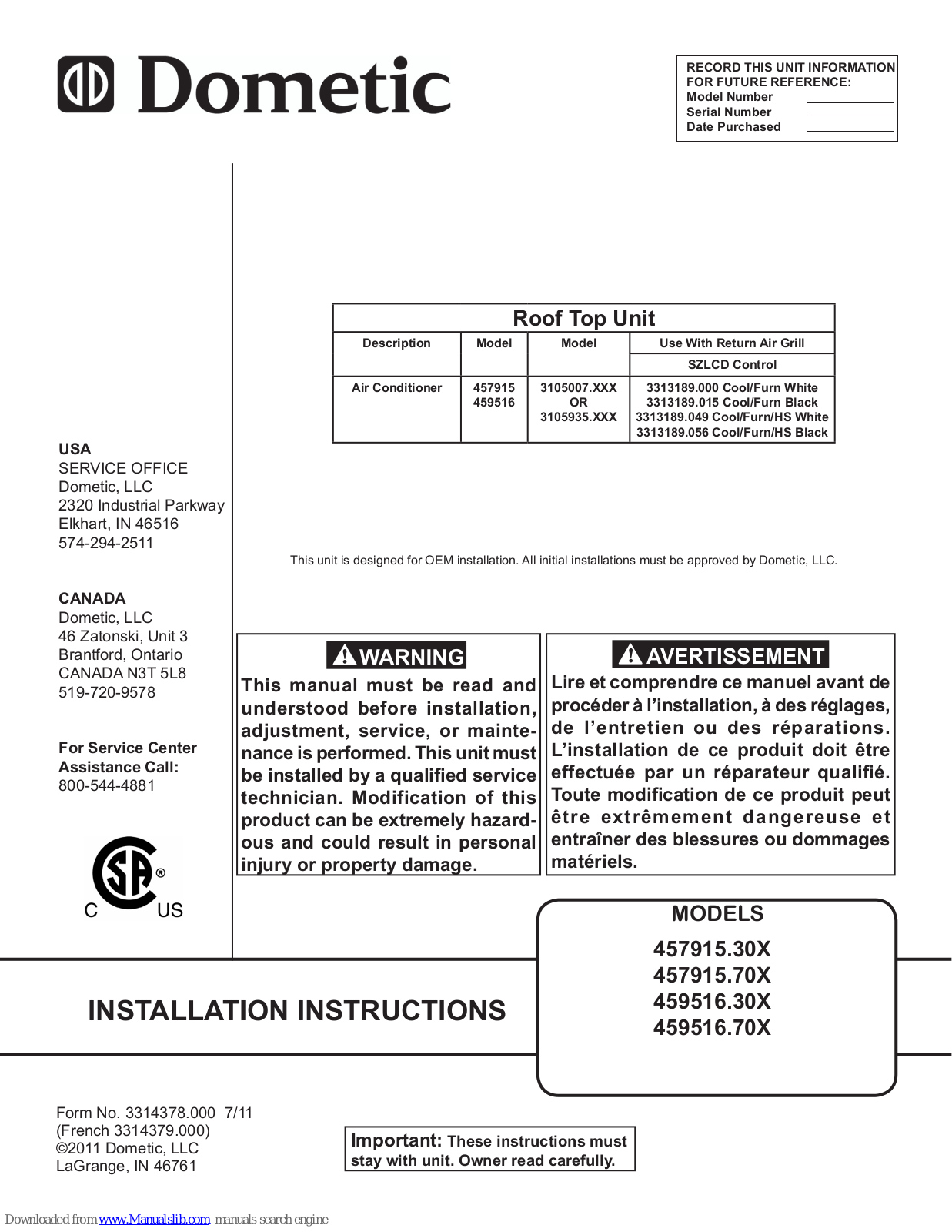 Dometic 457915.70X, 459516.30X, 459516.70X Installation Instructions Manual