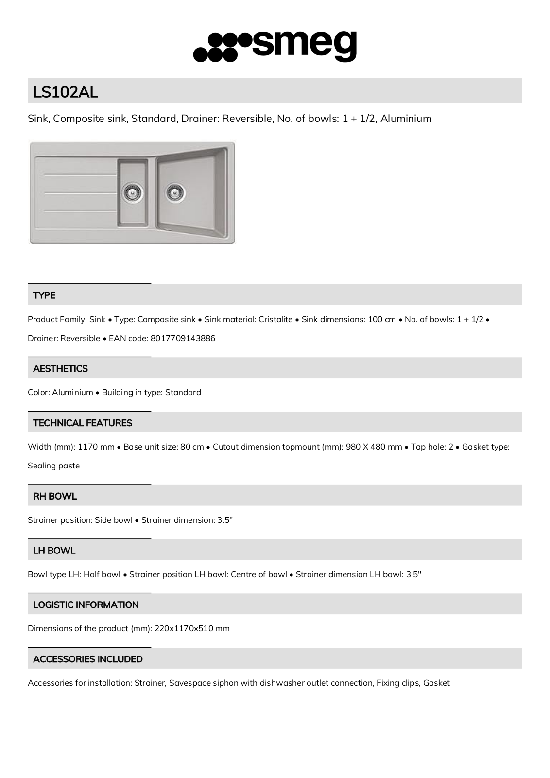 Smeg LS102AL Technical sheet