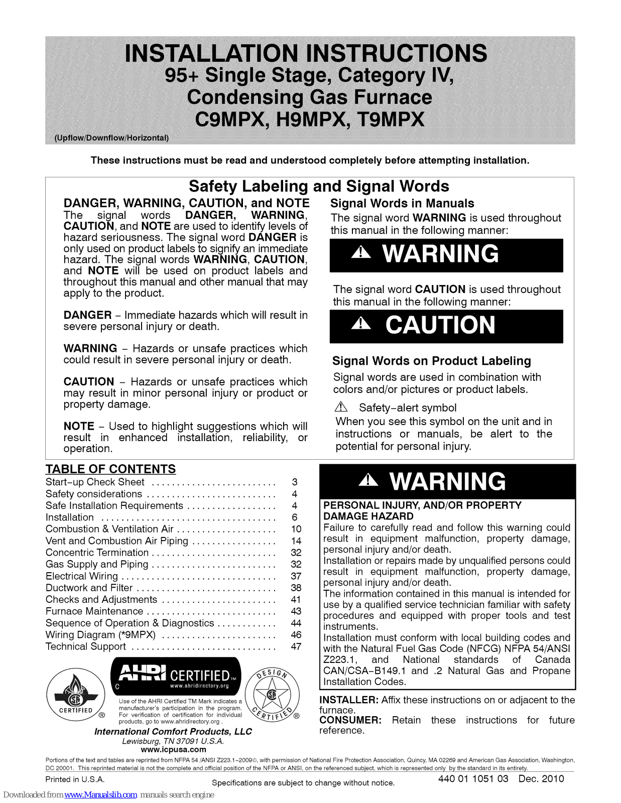 ICP H9MPX, C9MPX, T9MPX, 9MPX060F12A2, 9MPX080J12A2 Installation Insrtuctions - ManualMachine.com