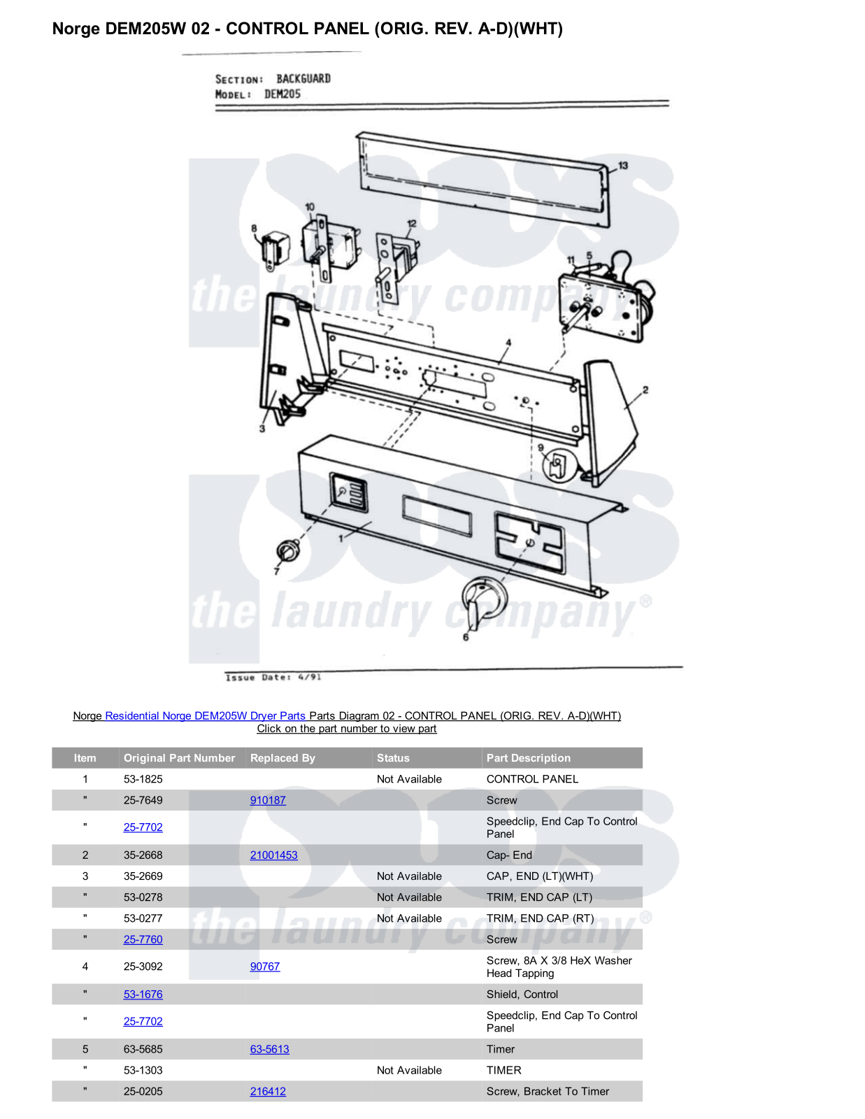 Norge DEM205W Parts Diagram