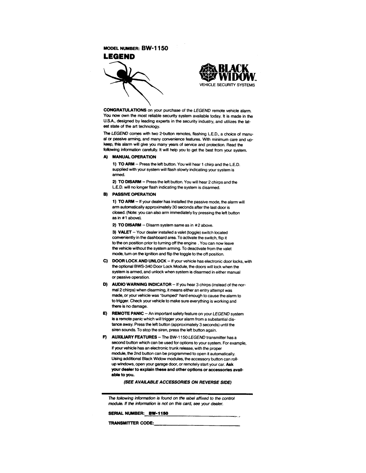 Black Widow BW 1150 User Manual