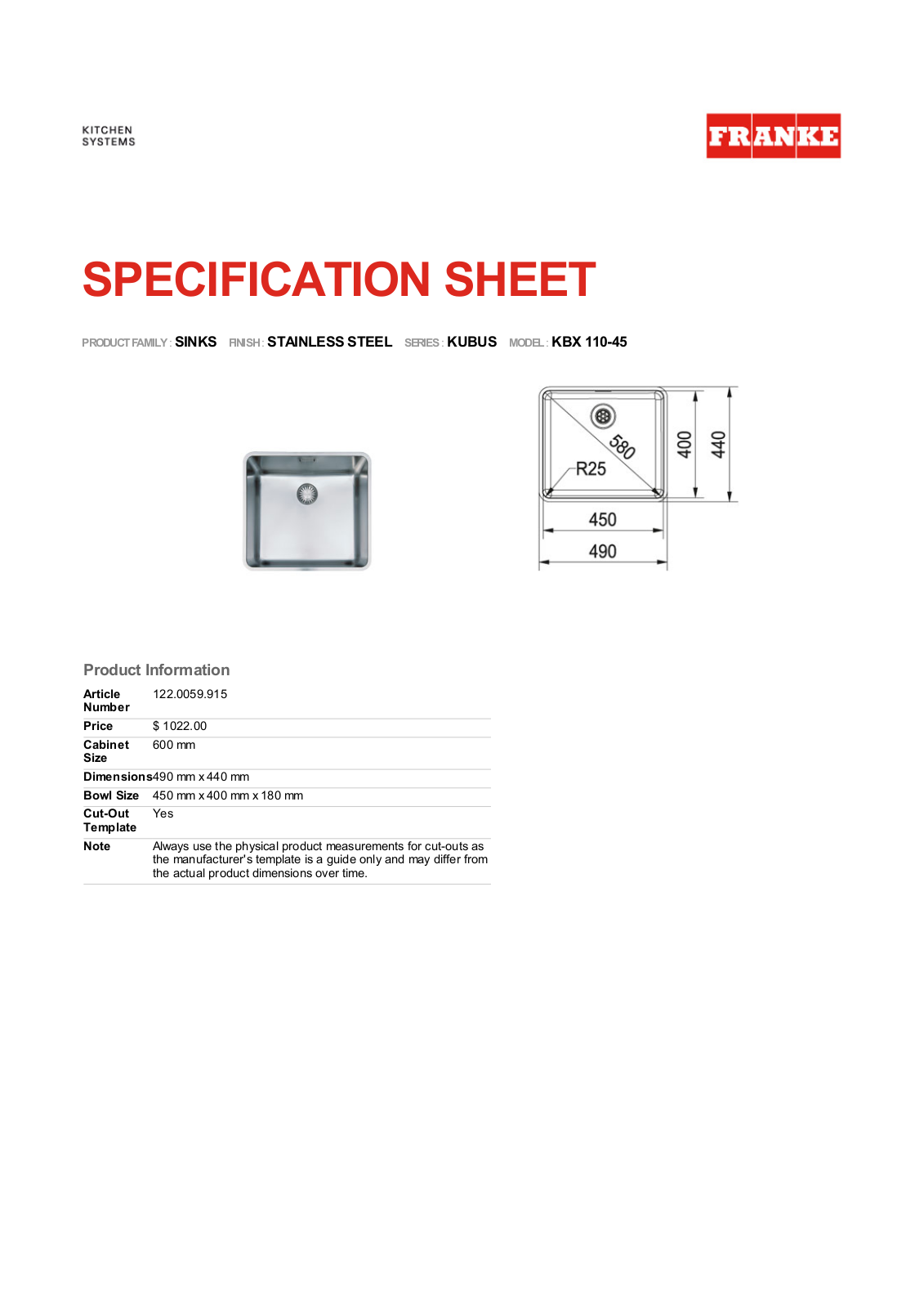 Franke Foodservice KBX 110-45 User Manual