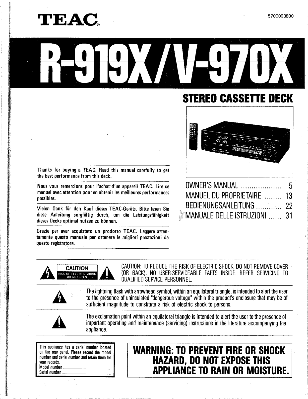 TEAC V-970-X Owners manual
