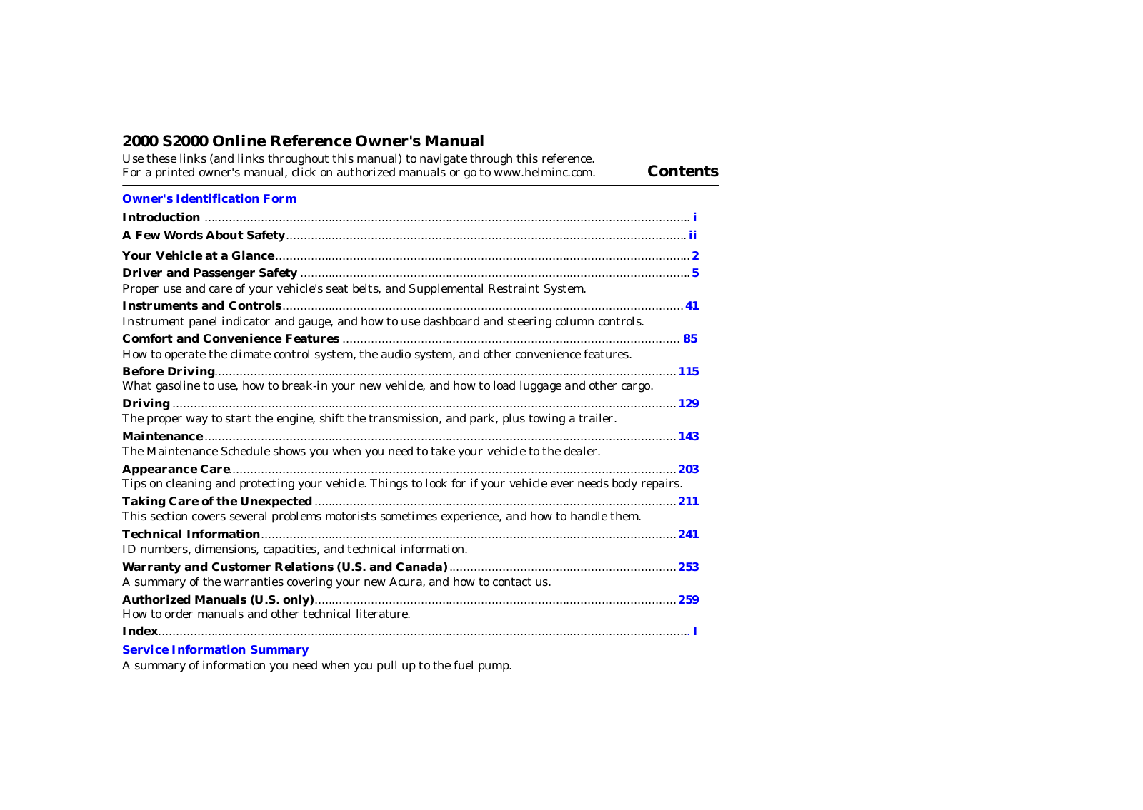 Honda S2000 2000 Owner's Manual