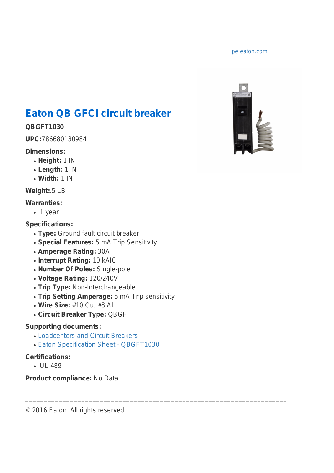 Cutler Hammer, Div of Eaton Corp QBGFT1030 Specifications