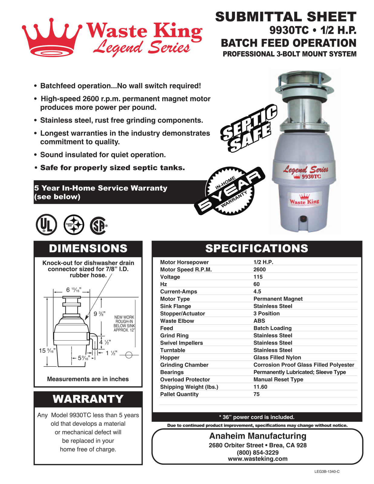 Waste King 9930TC User Manual