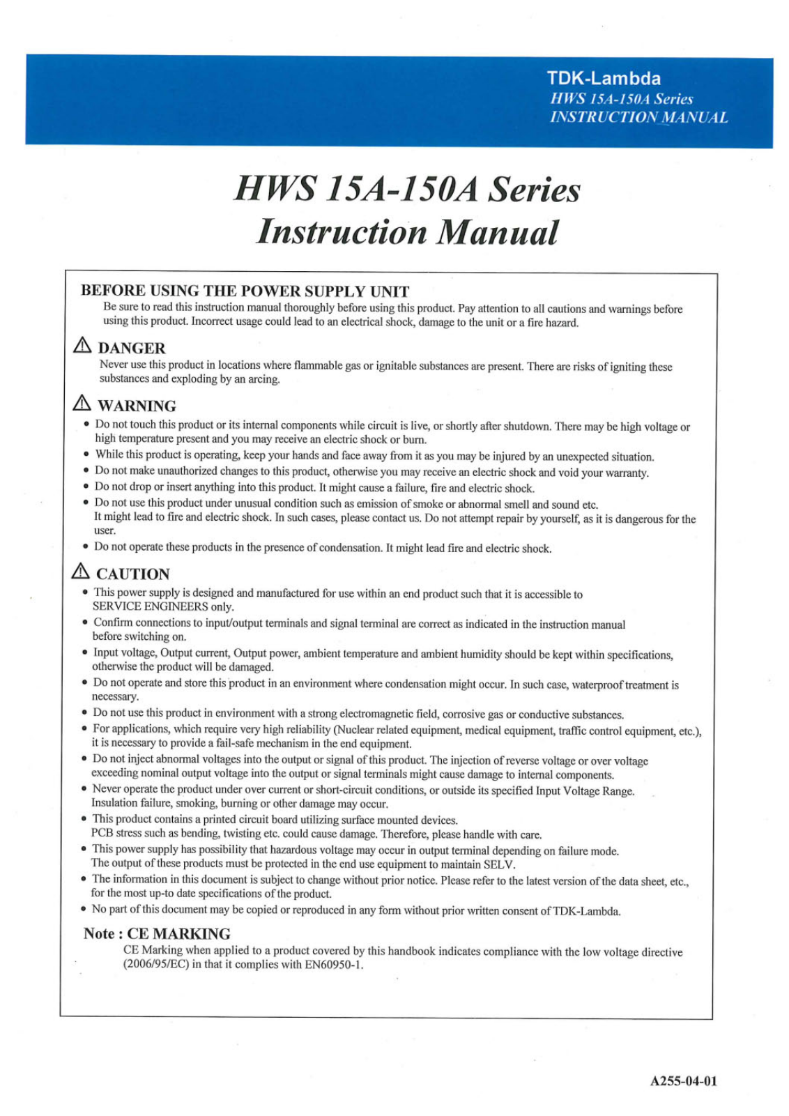 TDK-Lambda HWS-15-5/A, HWS-30-5/A, HWS-50-5/A, HWS-30-15/A, HWS-50-15/A User guide