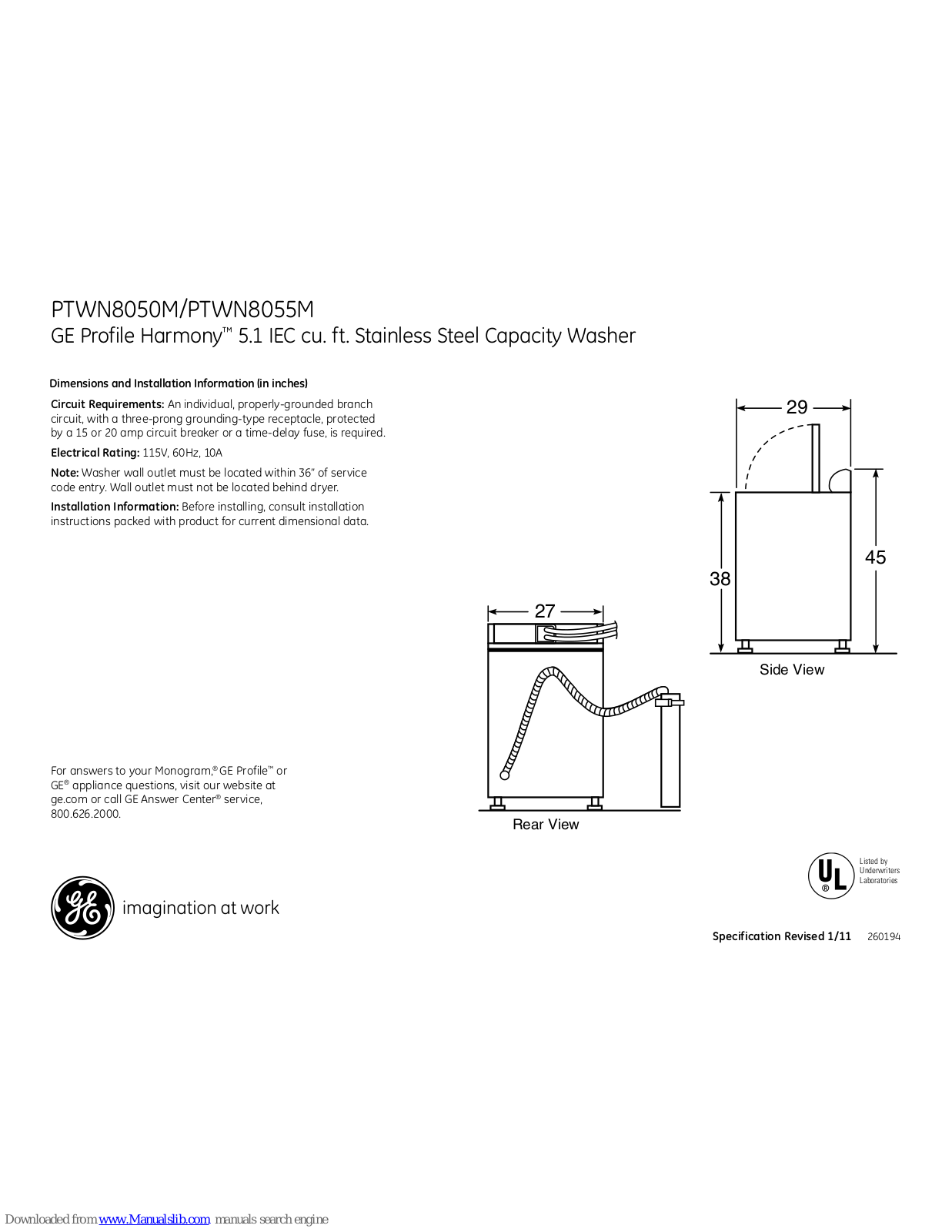 GE Profile Harmony PTWN8050M, Profile Harmony PTWN8055M Dimensions And Installation Information